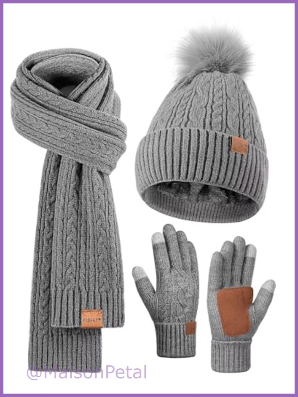 Alpaca Wool Beanie Scarf Gloves Set Fleece Lined Winter Pom Pom Touchscreen